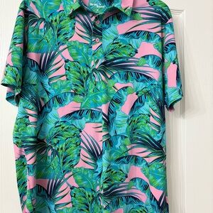 Birdie Bound Green and Pink Leaf Print Men's Shirt